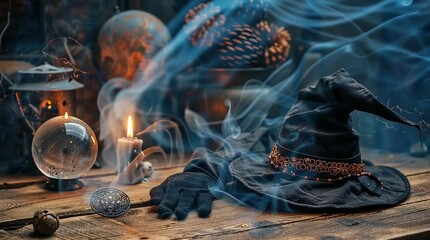 Spooky halloween witch aesthetic background with crystal ball and magic hat wallpaper hd download - Powered by Adobe