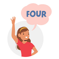 Girl preschool cartoon character round portrait with text learning counting four education print