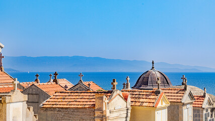 Ajaccio coastline and beach and sanguinaires archipel in Corsica mediterranean sea