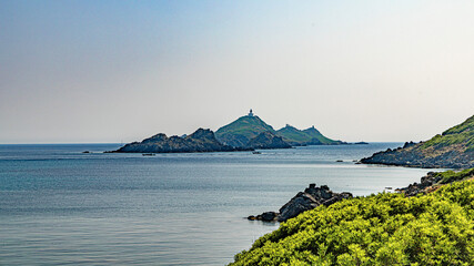 Ajaccio coastline and beach and sanguinaires archipel in Corsica mediterranean sea