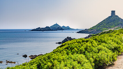 Ajaccio coastline and beach and sanguinaires archipel in Corsica mediterranean sea