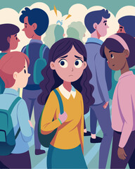 Obraz premium As she walked through the crowded street the teenager could hear the whispers and snickers from her classmates perpetuating the negative loop of bullying and insecurity.. Vector illustration