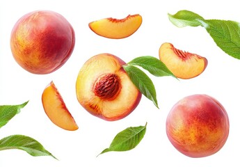Fresh peach with a green leaf and sliced pieces arranged in a top view pattern on a white background, showcasing vibrant colors and textures.