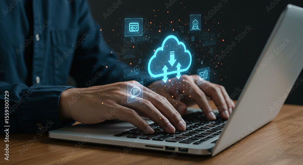 Poster man using cloud computing services on laptop for data storage and file sharing technology concept