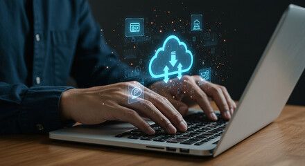 Man using cloud computing services on laptop for data storage and file sharing technology concept