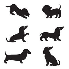 Set of cute purebred dachshund dogs in different poses. Cartoon style Silhouette Pro Vector