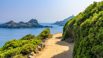 Ajaccio coastline and beach and sanguinaires archipel in Corsica mediterranean sea