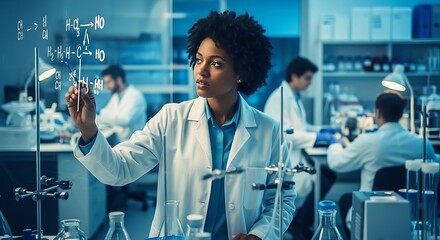 Focused Female Scientist Working on Complex Chemical Formula in a Modern Laboratory