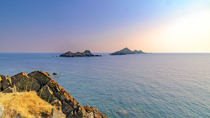 Ajaccio coastline and beach and sanguinaires archipel in Corsica mediterranean sea