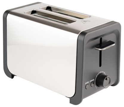 Toaster. Toaster for 2 slice bread, bagel, bun, toast. Toaster of brushed stainless steel, aluminum. Cooking toasted sliced bread for morning meal, breakfast. Electric kitchenware. Isolated background