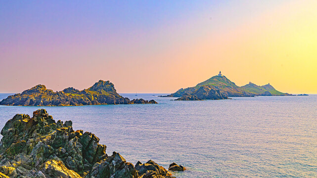 Ajaccio coastline and beach and sanguinaires archipel in Corsica mediterranean sea