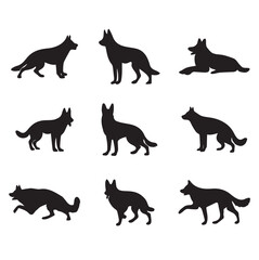 A set of German shepherd dog breed silhouette on white background Vector