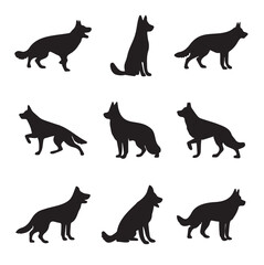 Set of dogs silhouette in different poses. Large set of german shepherd dogs. Hand drawn black dogs isolated on white background