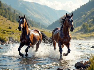 Fototapeta premium Two wild horses crossing the river in the valley