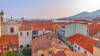 Ajaccio coastline and beach and sanguinaires archipel in Corsica mediterranean sea