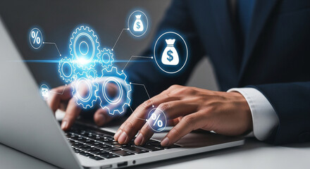 Business automation strategy using laptop for financial analysis and digital transformation process flow