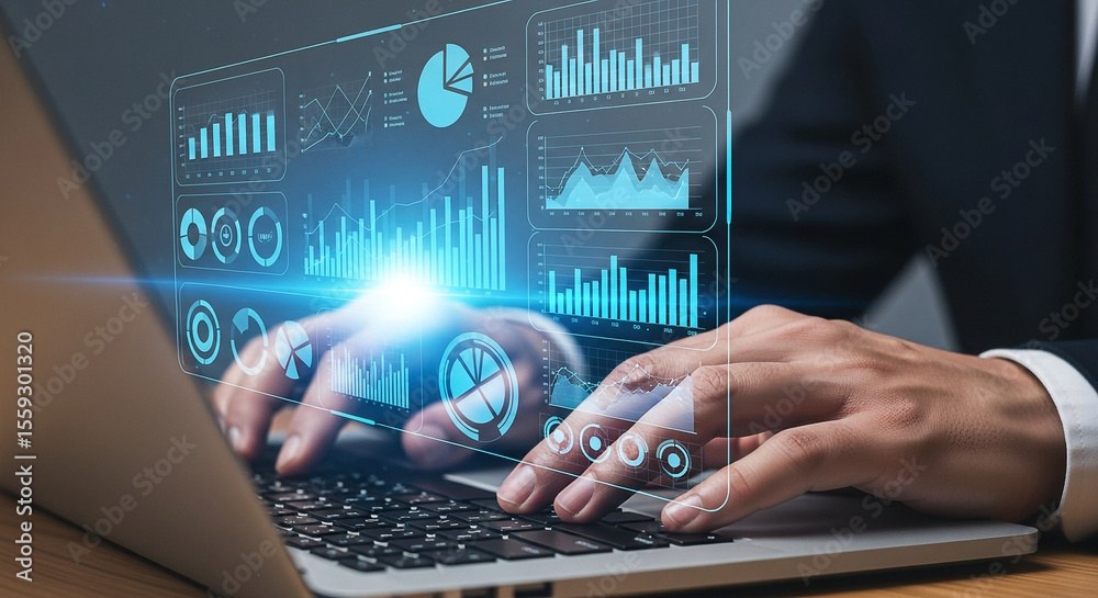 Poster data analytics dashboard on laptop screen for business intelligence and data visualization insights
