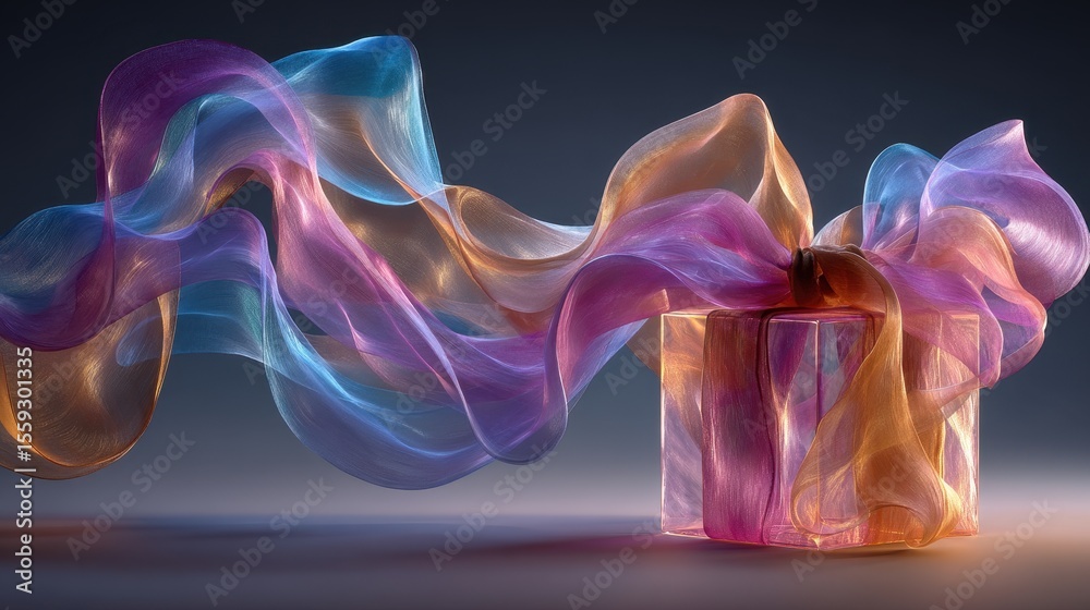 Poster Colorful shimmering fabric wraps a translucent gift box against a moody dark background in a studio setting during daytime