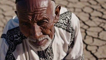 Elderly man in traditional clothing on cracked dry earth, drought and climate change concept