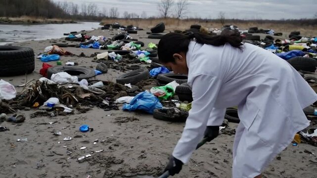 Environmental scientist in lab coat cleaning riverbank litter, pollution and conservation effort