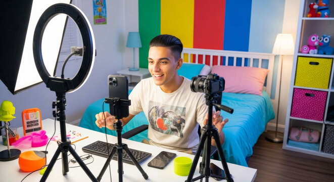 Young male content creator streaming with professional camera and ring light setup in colorful bedroom. Teen influencer recording video with multiple cameras and lighting equipment at home studio.