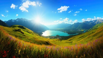 Obraz premium Beautiful Alpine Valley Scene. A stunning panoramic view of an alpine valley on a bright, sunny day. Lush green hillsides dotted with wildflowers lead down to a turquoise lake
