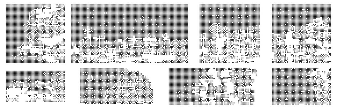  Pixel disintegration effect .Dispersed pixel background set gradient disintegration and geometric transition shapes illustation.Vector