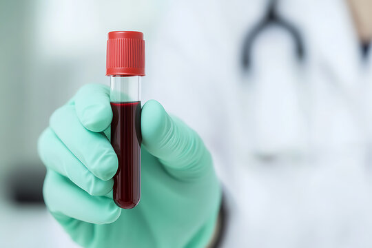 Gloved hand holds blood vial, a medical scene suggesting analysis or diagnosis. Red cap adds focus, lab coat background.