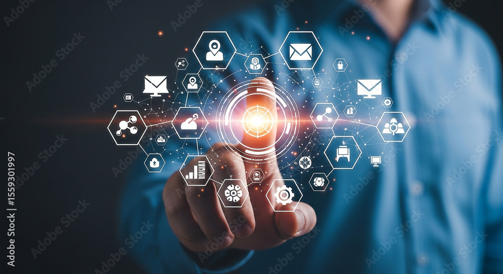 Poster digital transformation technology concept with finger touching interface and network connection icon