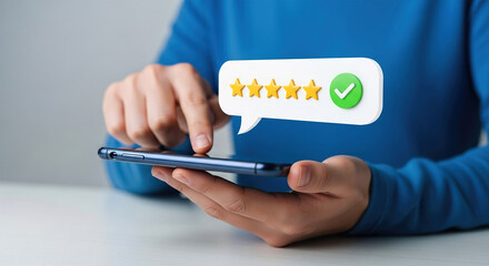 Customer satisfaction service concept, satisfaction feedback review, good quality most. User rate 5-star satisfaction on online application.