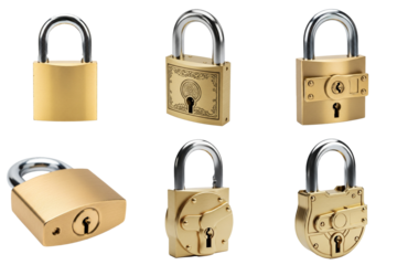 Set of six golden padlocks displayed against a transparent backdrop for security concepts