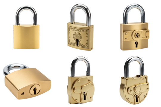Set of six golden padlocks displayed against a transparent backdrop for security concepts