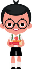 Elementary school student holding stack of books and apple flat vector illustration