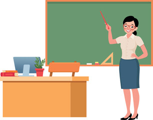Female teacher at blackboard in classroom interior with desk and pointer