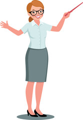 Vector illustration of a cheerful female teacher in a white blouse and grey skirt, holding a red pointer and smiling. Isolated on white background