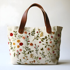 Cream tote featuring delicate floral embroidery, complemented by rich brown leather handles, ideal for daily carrying and styling