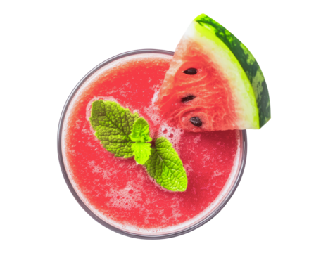 Watermelon juice in glass with mint leaves top view on transparent background PNG image - Powered by Adobe