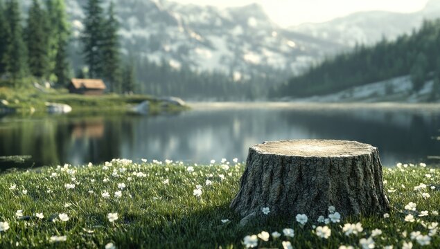 Serene Lakeside Cabin and Tree Stump
