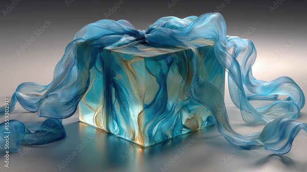 Poster Colorful shimmering fabric wraps a translucent gift box against a moody dark background in a studio setting during daytime