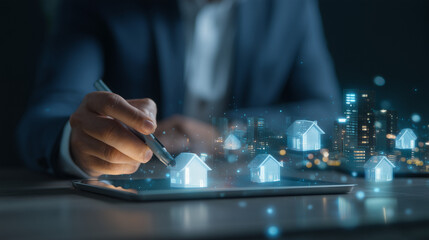 businessman using digital pen on tablet with smart real estate interface, holographic house icons, modern office background, augmented reality user interface
