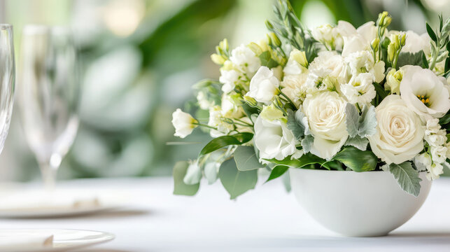 White roses and other flowers are arranged in a small white bowl on a table set with wine glasses. Elegant floral arrangement for a formal table setting