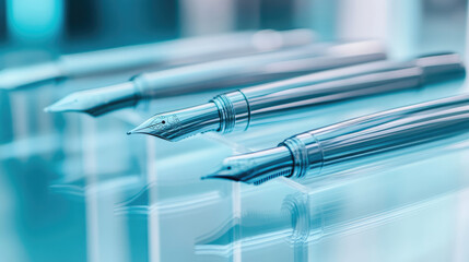 Fountain pens displayed in a row with sharp focus on their metal nibs. Precision, elegance, writing