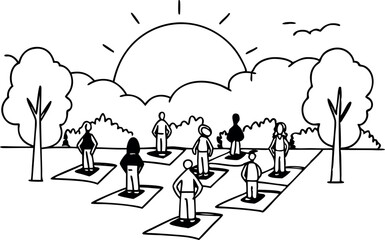 vector illustration of a group of diverse people doing outdoor yoga in park