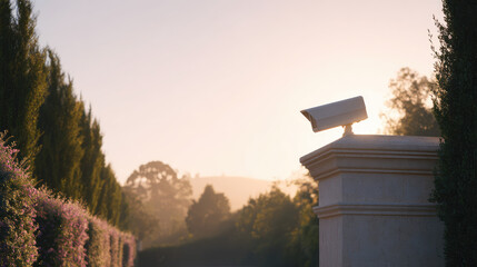 A security camera is mounted on a pillar, overlooking a landscaped area at sunset. Surveillance and security technology