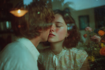 Fototapeta premium romantic kiss of a young couple, shot through a stained glass window