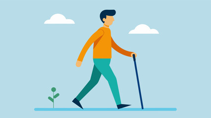 Despite his struggles with motor impairment caused by a previous stroke this man proudly marches along with his walking stick at a charitable fundraiser for brain disease research.. Vector