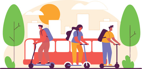 group of urban commuters using e-scooters and bike-sharing vector illustration