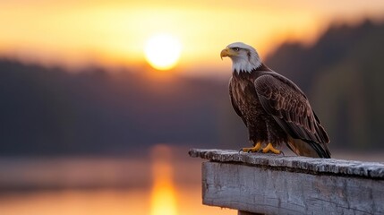 Fototapeta premium Bald Eagle Perched At Sunset With Golden Light Reflecting On The Water