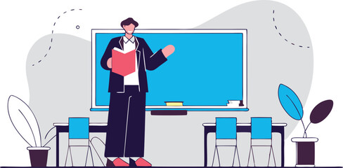 vector illustration of a teacher standing near chalkboard in a classroom