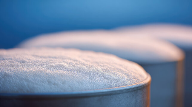 Foamy milk overflows from metal containers in a row. Dairy processing and abundance